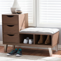 Baxton Studio B-001-Gray/Walnut Arielle Modern and Contemporary Walnut Wood 3-Drawer Shoe Storage Grey Fabric Upholstered Seating Bench with Two Open Shelves